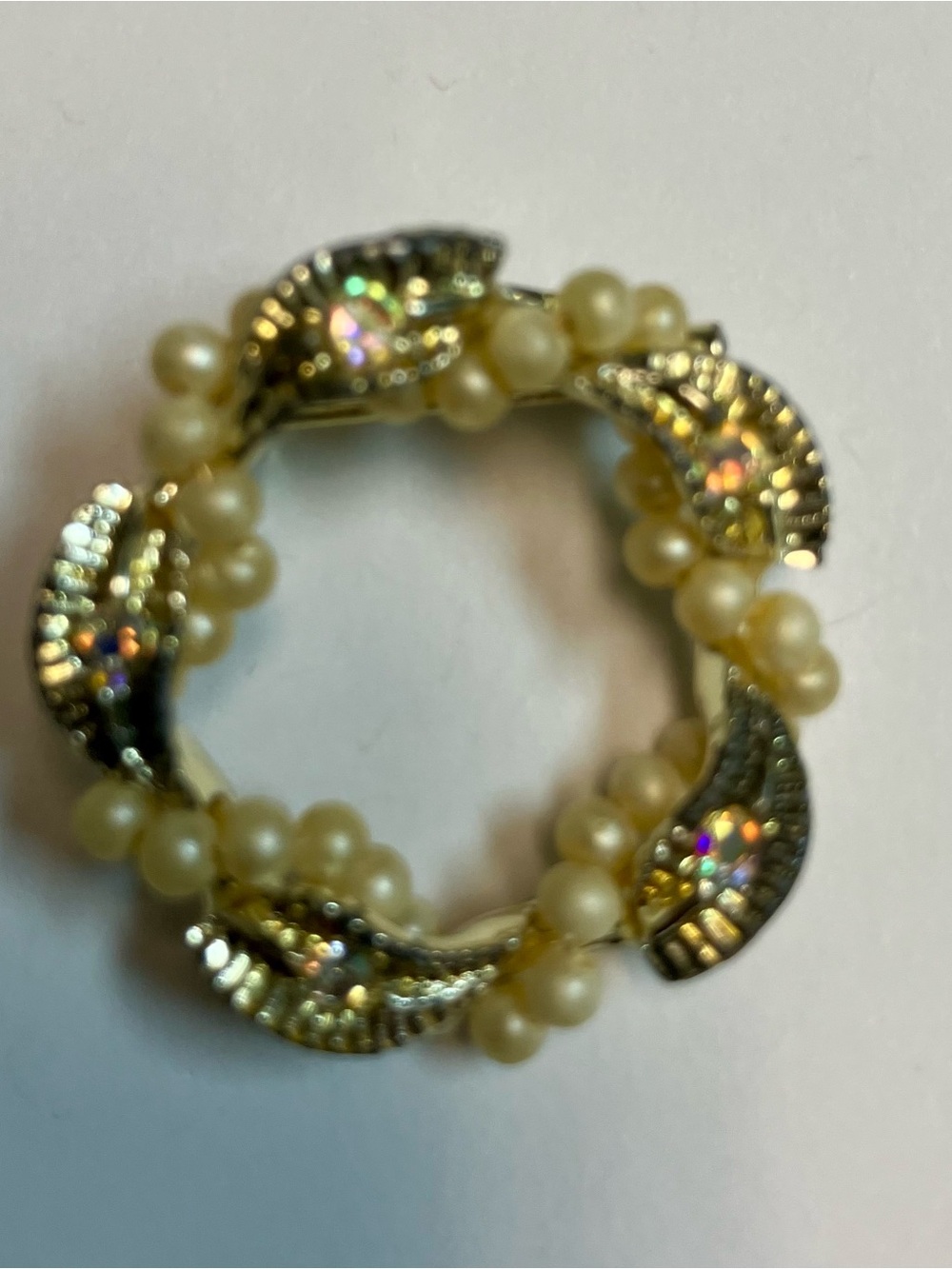 Gold-Tone Pearl Crystal Circle Brooch